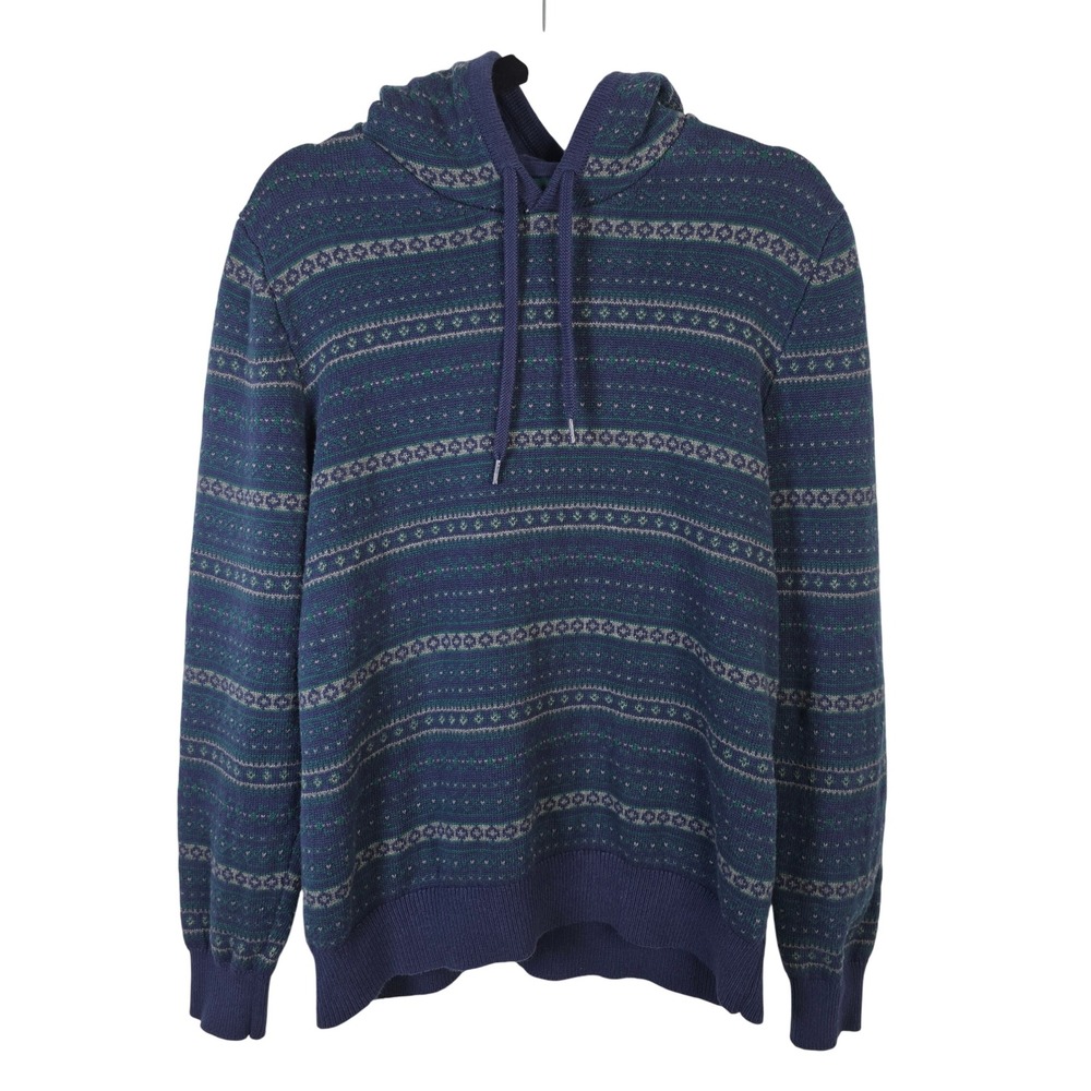 IZOD Mens Blue Fair Isle Cotton Knit Hooded Sweater Pullover Large L Long Sleeve